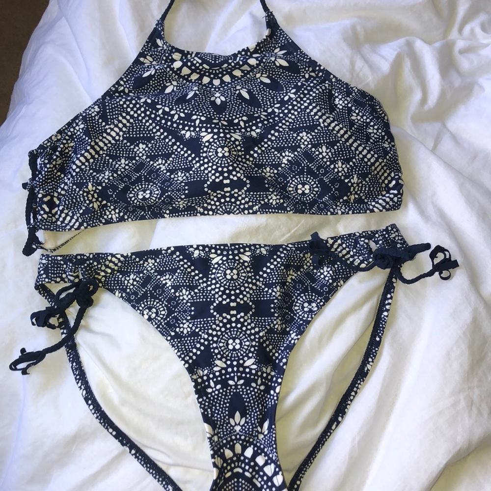 Blue and white halter top bikini
